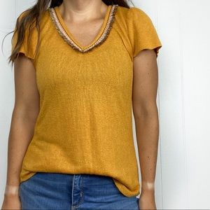 Bobeau Gold Fringe Trim V Neck T Shirt Small Short Sleeves